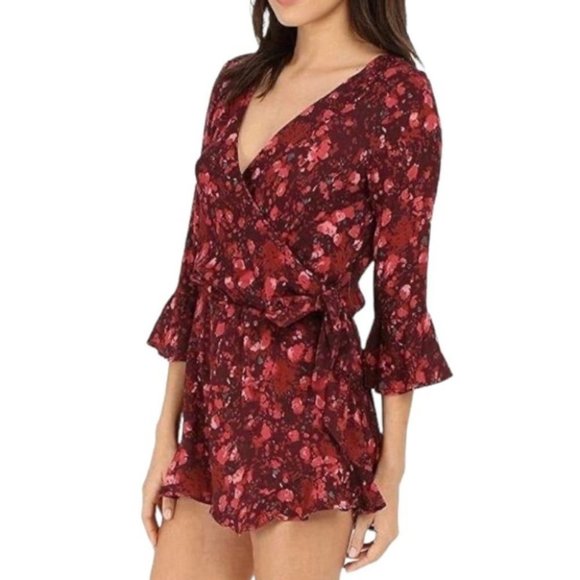 Free People Romper Size Small Red Pink Floral "All  The Right Ruffles" Faux-Wrap - Picture 4 of 12
